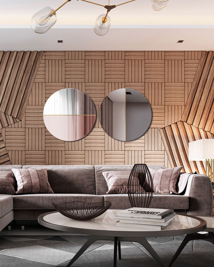 Zestawienie dwóch luster Demi miedzianego oraz grafitowego w salonie, GieraDesign.