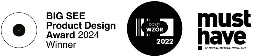 Logotypy konkursów Big See Design Award 2024 Must Have 2022 i Dobry Wzór 2022