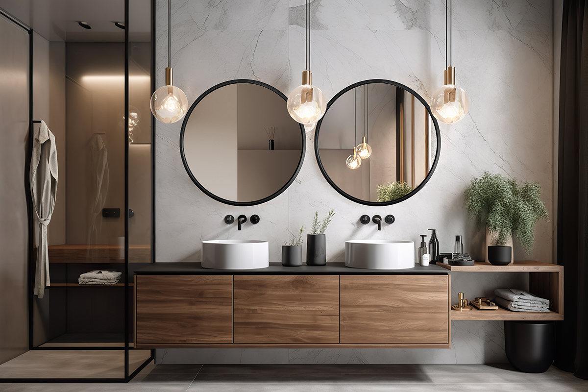 Dwa okrągłe lustra łazienkowe Scandi w nowoczesnej łazience. GieraDesign