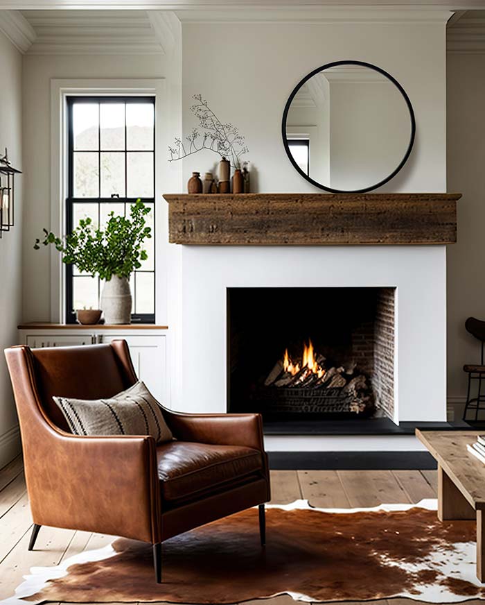 Okrąłe lustro Scandi nad kominkiem w salonie modern farmhouse