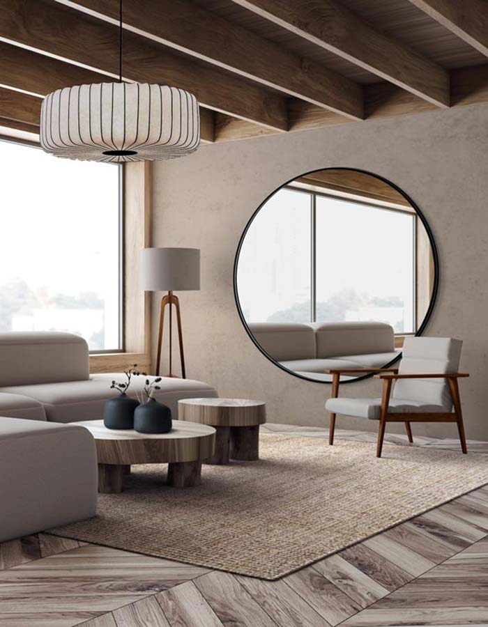 Duże lustro Scandi Slim w czarnej ramie w salonie japandi